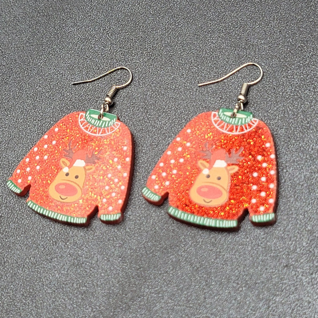 New Pierced Earrings Ugly Christmas Sweater Reindeer Dangle 1.5"