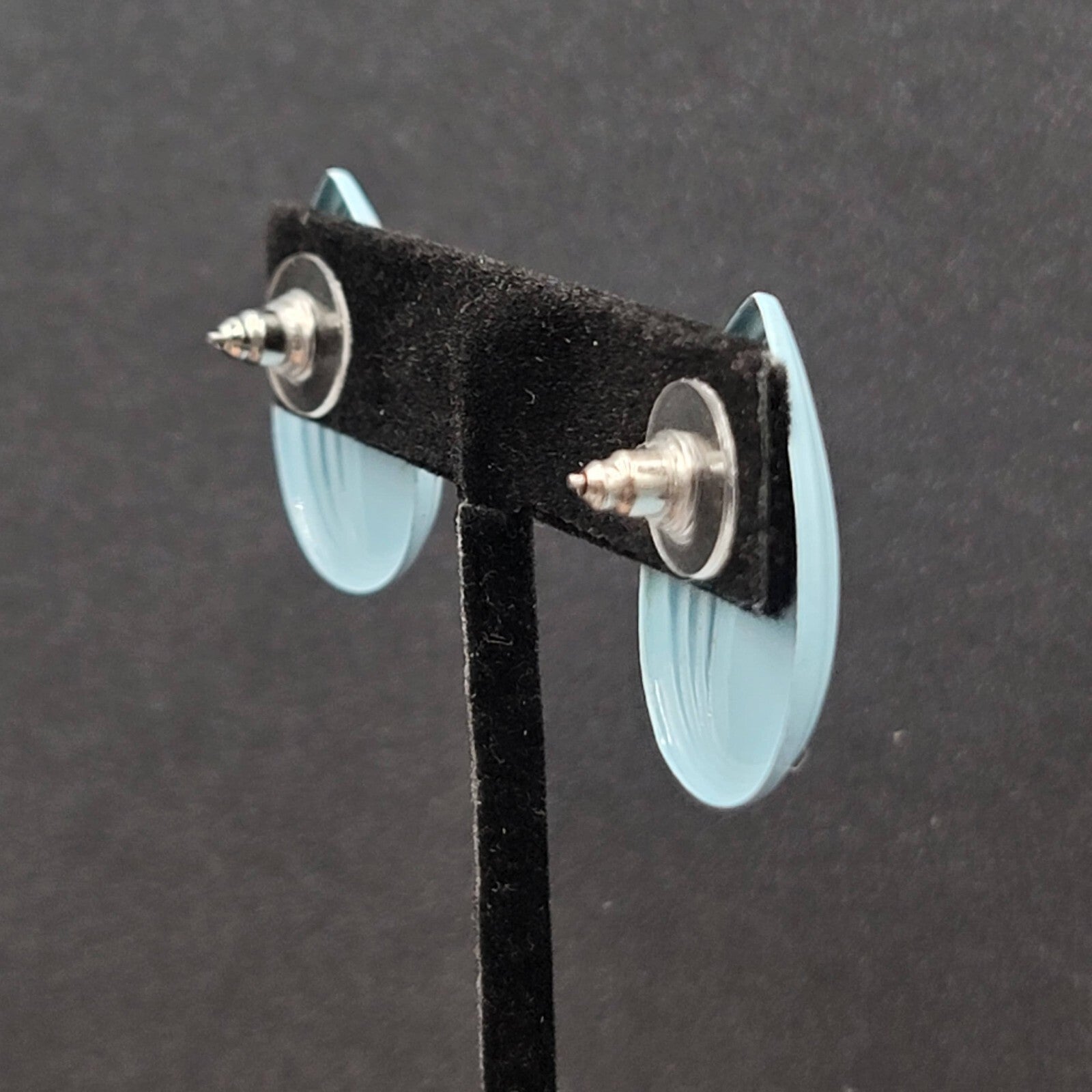 Vintage Pierced Earrings Blue Enamel over Metal Teardrop 1"