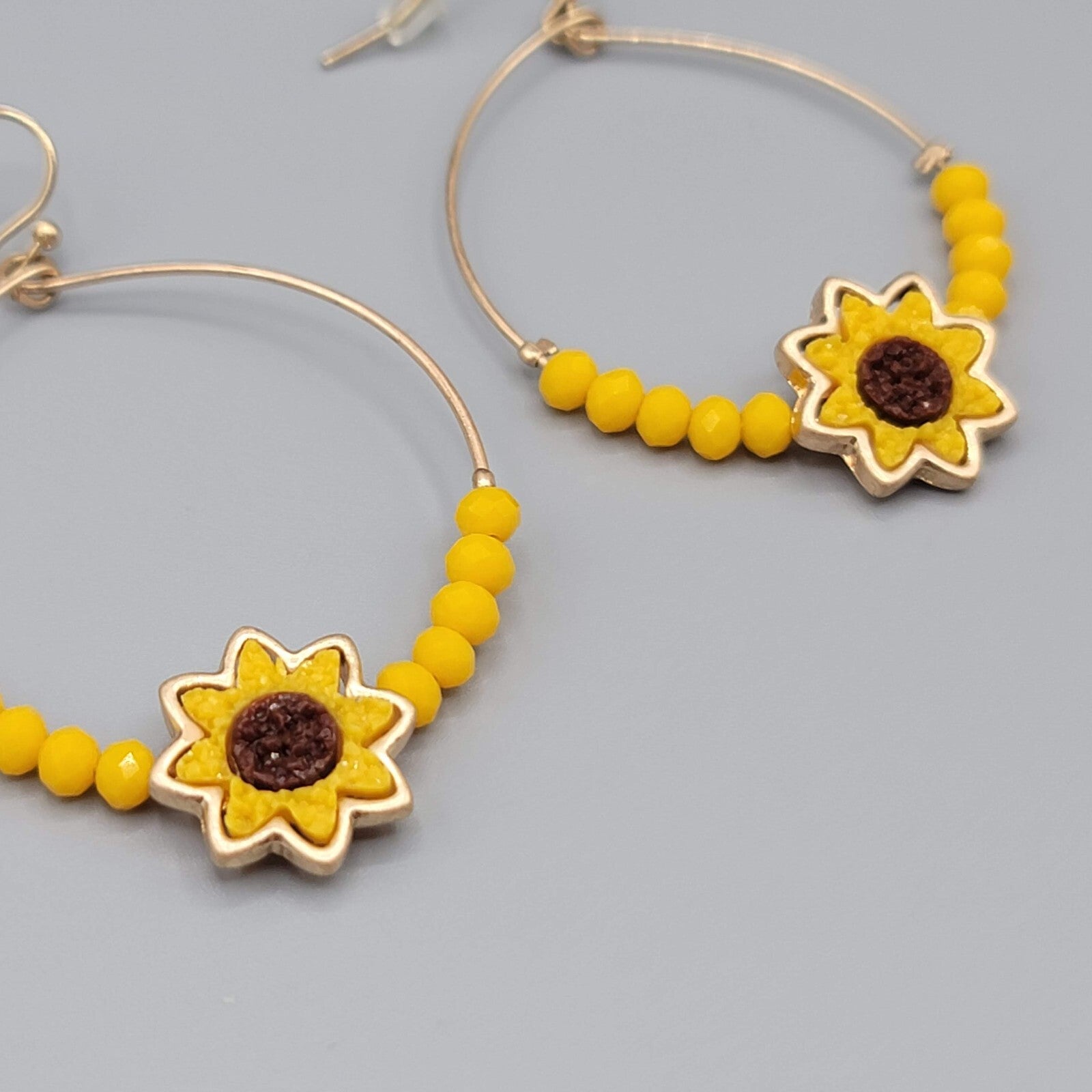 Sunflower Pierced Earrings Gold tone Yellow Bead Dangle hoops 2"