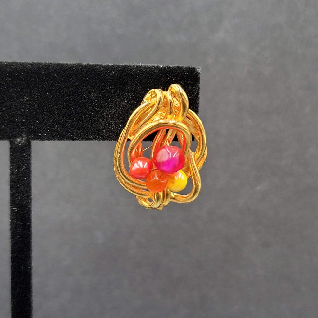 Pierced Earrings Gold Plated Pink Yellow Beaded Artistic Drop 1"