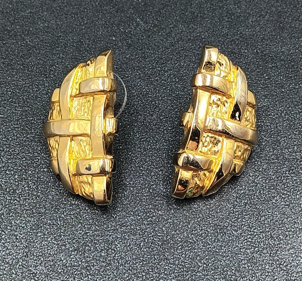 Vintage Pierced Earrings Gold Plate Lattice Textured Half Circle Drop 1 1/8"