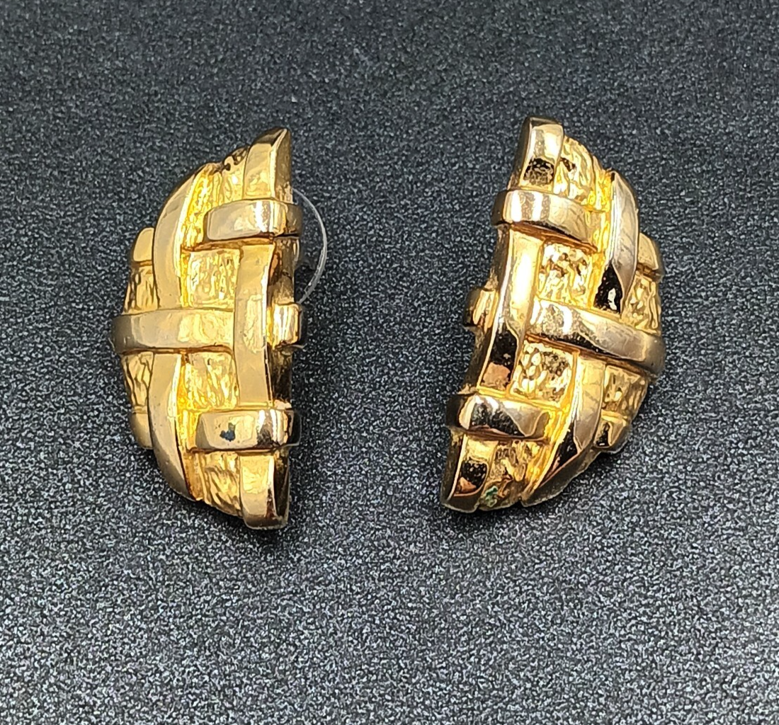 Vintage Pierced Earrings Gold Plate Lattice Textured Half Circle Drop 1 1/8"