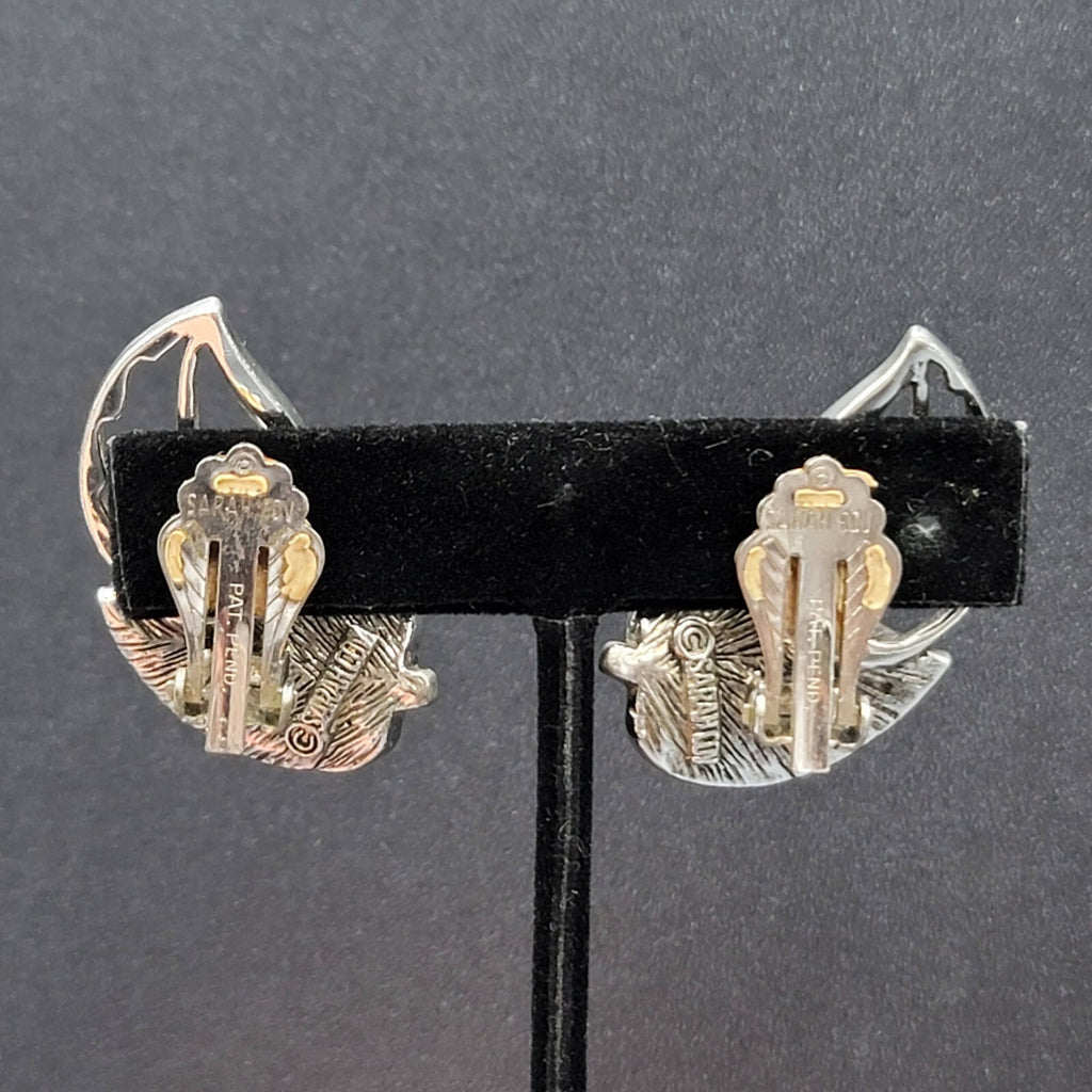 Vtg Sarah Cov Clip on Earrings Silver tone Leaves Climber Large Statement 1.5"