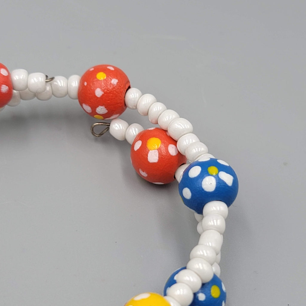 Memory Wire Bracelet Hand Painted Wood Beads White Seed Bead Adj.