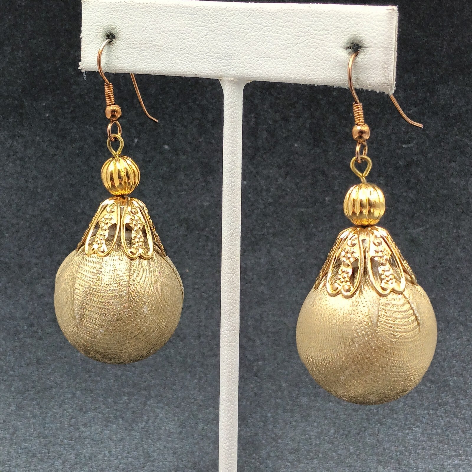 Pierced Earrings Gold tone Christmas Ornament Fabric Wrapped Ball Dangle 1 3/4"