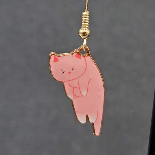 Cat Pierced Earrings Kitty Kitten Gold tone Pink Enamel Dangle 1"