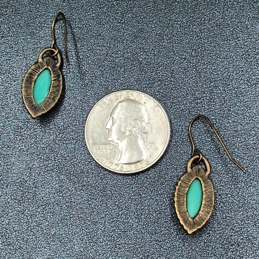 Pierced Earrings Antiqued Gold tone Faceted Faux Turquoise Acrylic Dangle 3/4"