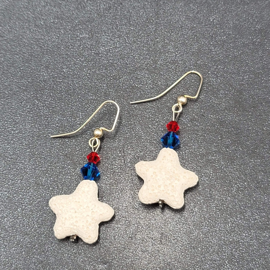 Pierced Earrings Silver tone Crystal Bead Starfish Dangle 1.5"