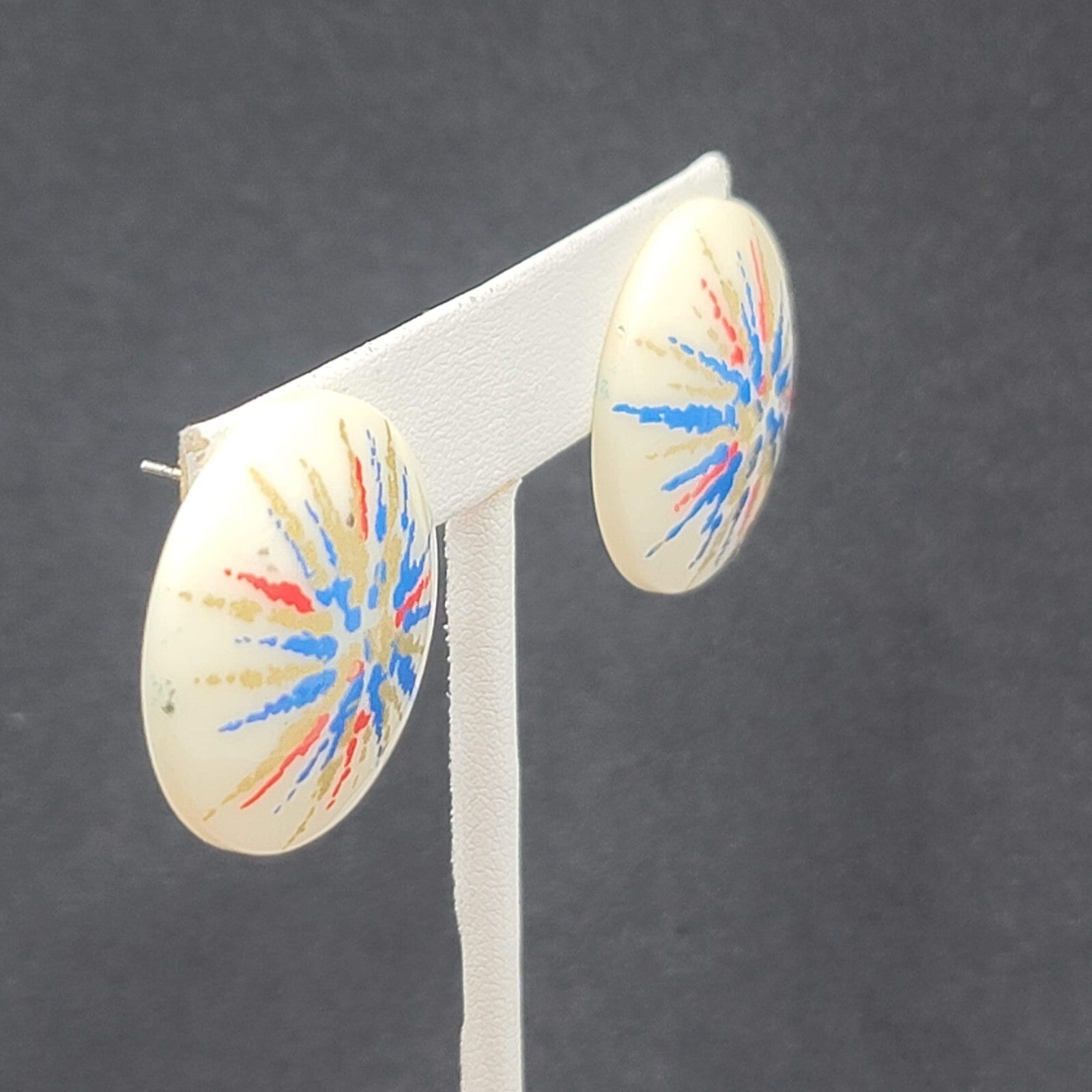 Vintage Pierced Earrings Acrylic White Red Blue Gold Artistic Round Drop 1 1/8"
