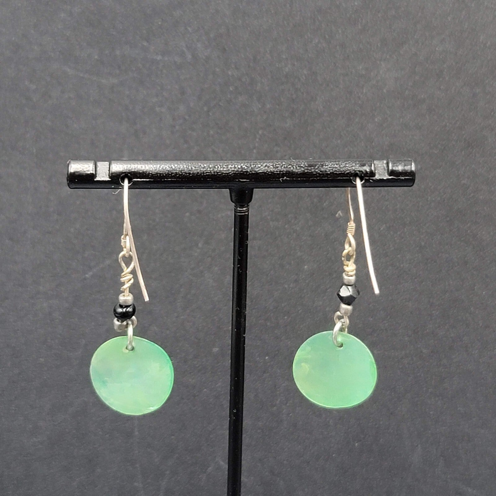 Pierced Earrings Sterling Silver Hooks Green Shell Dangle 1.25"