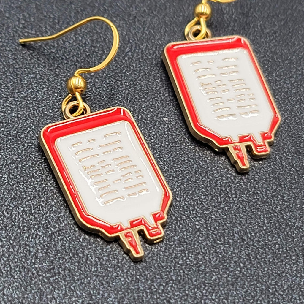 Nurse Pierced Earrings Medical IV Bag Red White Enamel Gold tone Dangle 1"
