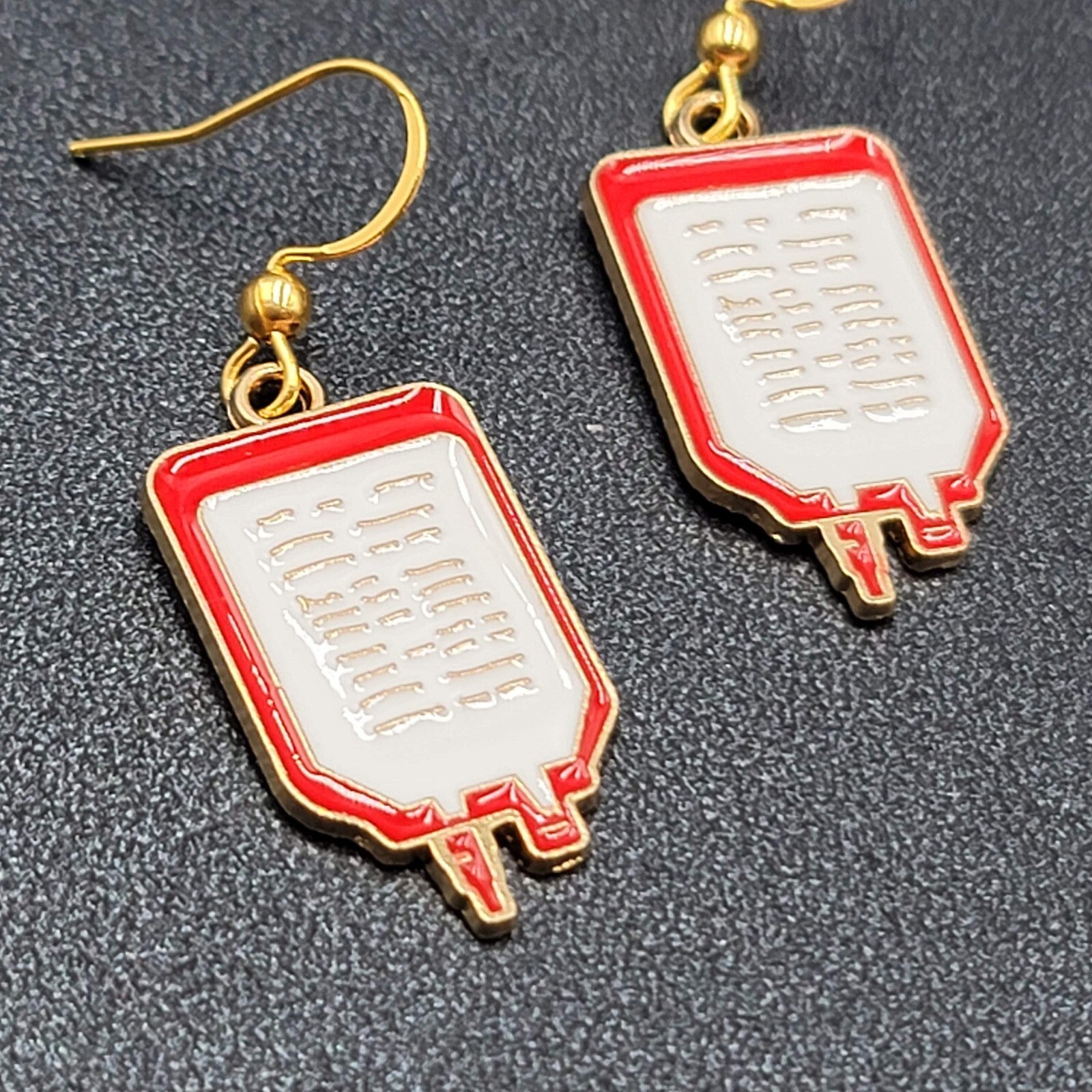 Nurse Pierced Earrings Medical IV Bag Red White Enamel Gold tone Dangle 1"