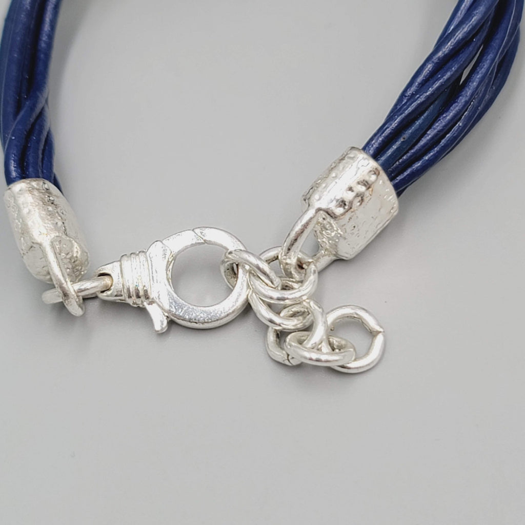 Navy Blue Cord Bracelet Imitation Pearl Silver tone 7"