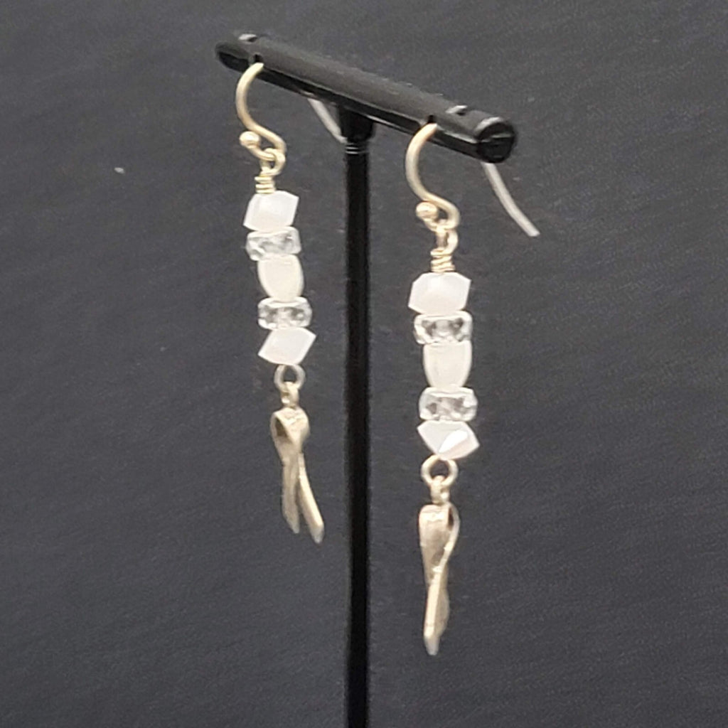 Sterling Silver Pierced Earrings 925 Beaded Awareness Ribbon 1.75" 