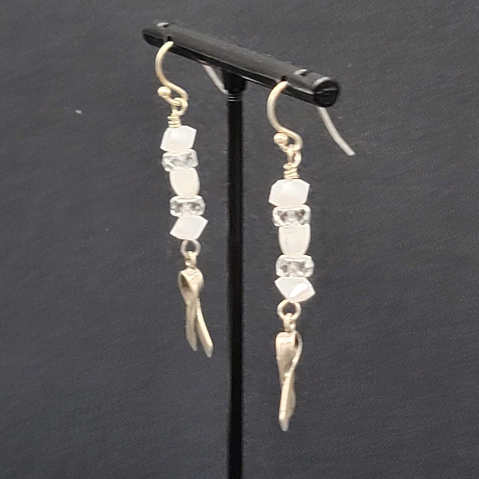 Sterling Silver Pierced Earrings 925 Beaded Awareness Ribbon 1.75" 
