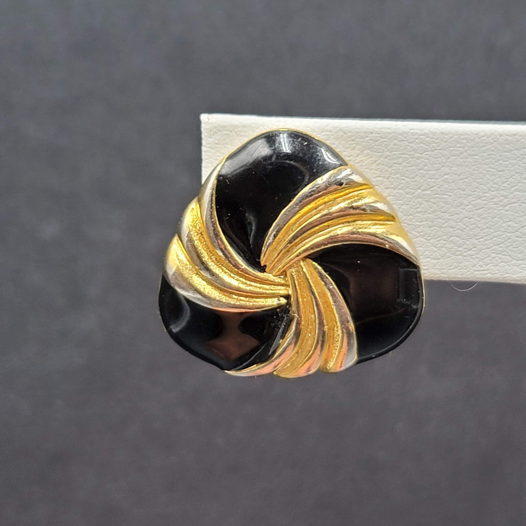 Vintage Napier Clip on Earrings Gold tone Black Enamel Screw Back 7/8"