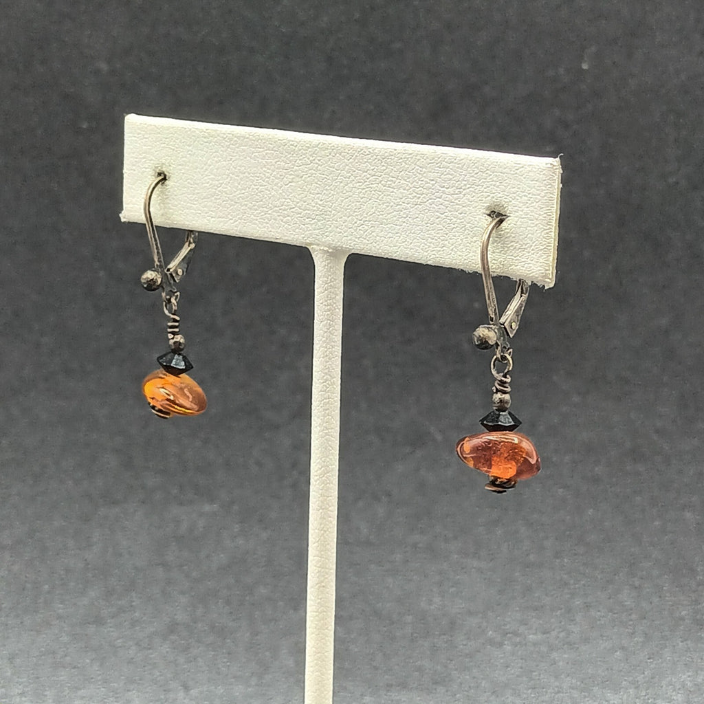 Pierced Earrings Black Metal Amber Beaded Dangle 1/2"