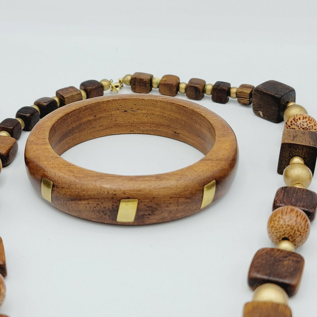 Vintage Wood Jewelry Lot 3 Necklaces and 1 Bangle Brass Inlay Bracelet