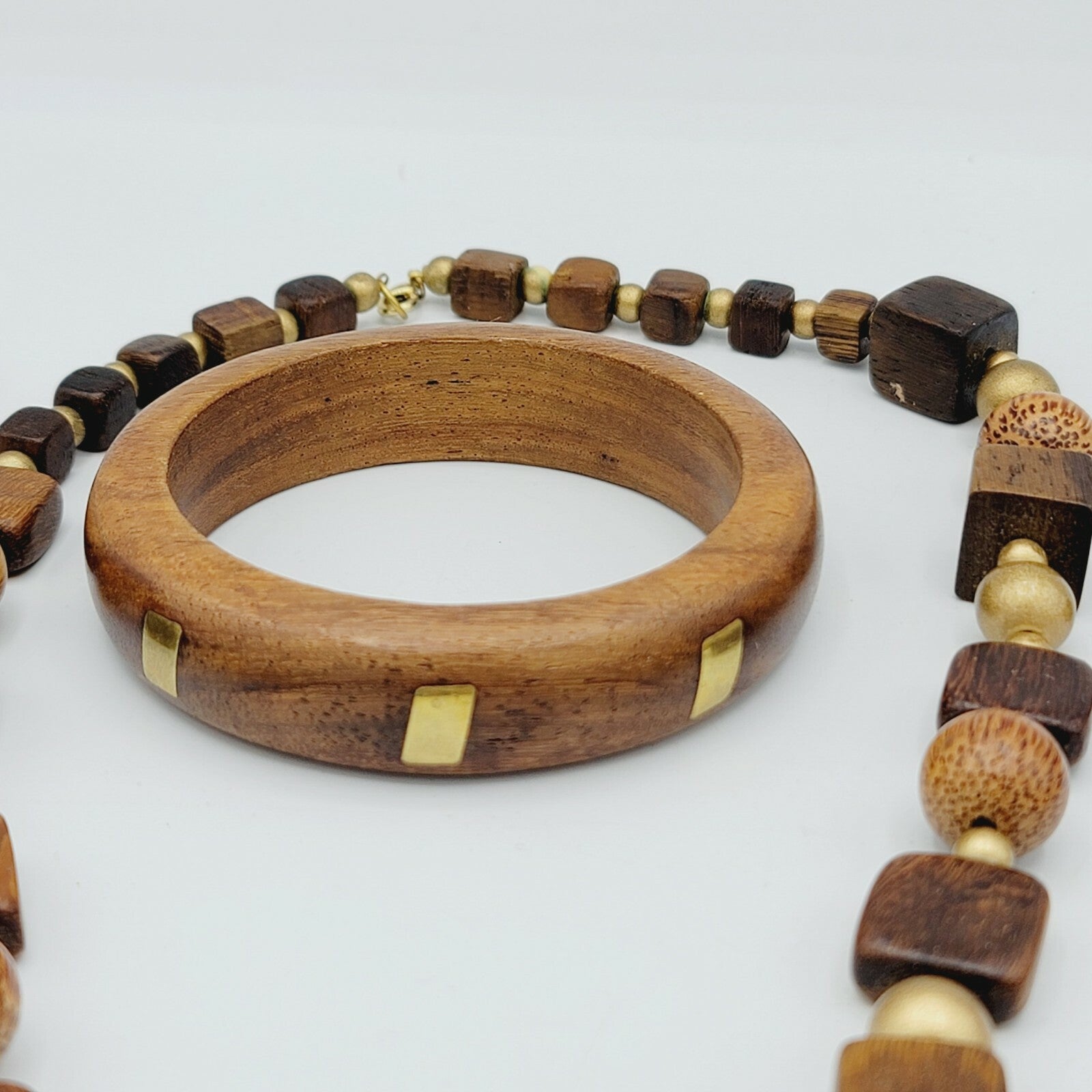 Vintage Wood Jewelry Lot 3 Necklaces and 1 Bangle Brass Inlay Bracelet
