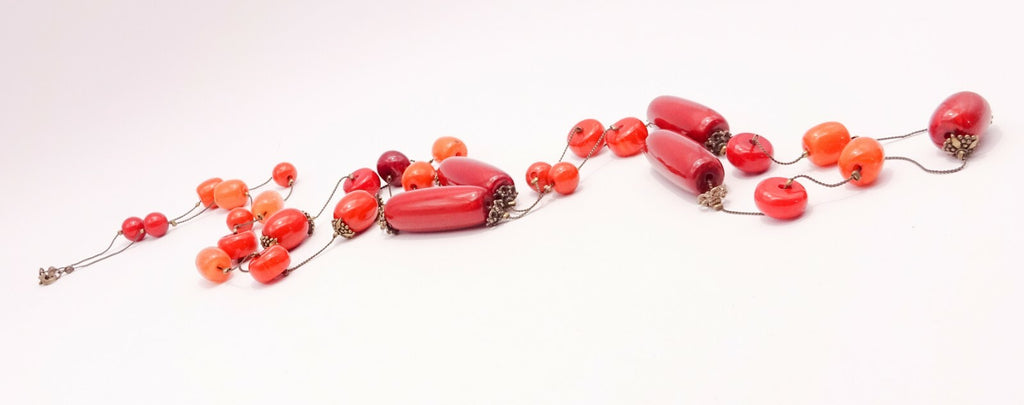 Extra Long Station Necklace Large Bead Single Strand Red Orange Acrylic 60"