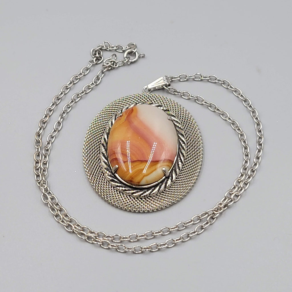 Vintage Large Pendant Necklace Silver tone Agate Oval Center 23" Chain