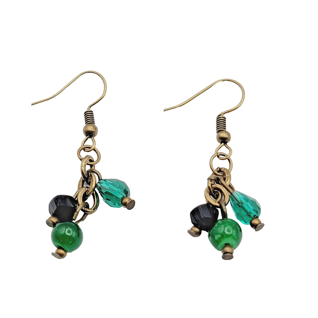 Green Black Glass Bead Pierced Earrings Bronze tone Dangle 1 in