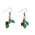 Green Black Glass Bead Pierced Earrings Bronze tone Dangle 1 in