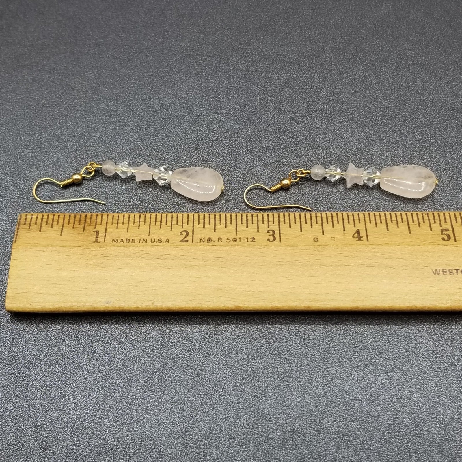 Pierced Earrings Gold tone Crystal Rose Quartz Teardrop Beaded Dangle 1 1/2"