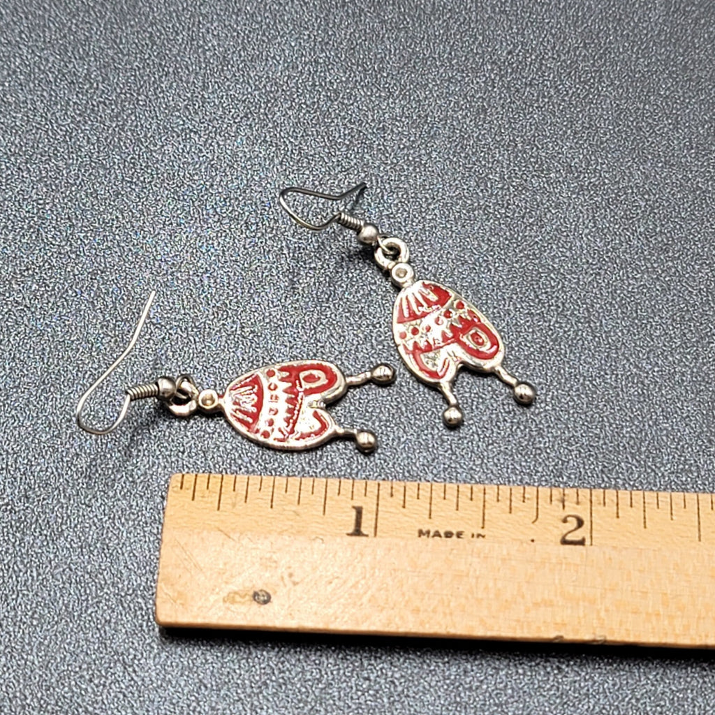 Pierced Earrings Silver tone Red Enamel Winter Hat Dangle 1 1/8"