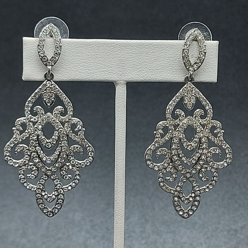 Pierced Earrings Silver tone Dangle Teardrop Crystal 2.5" Wedding Prom Statement