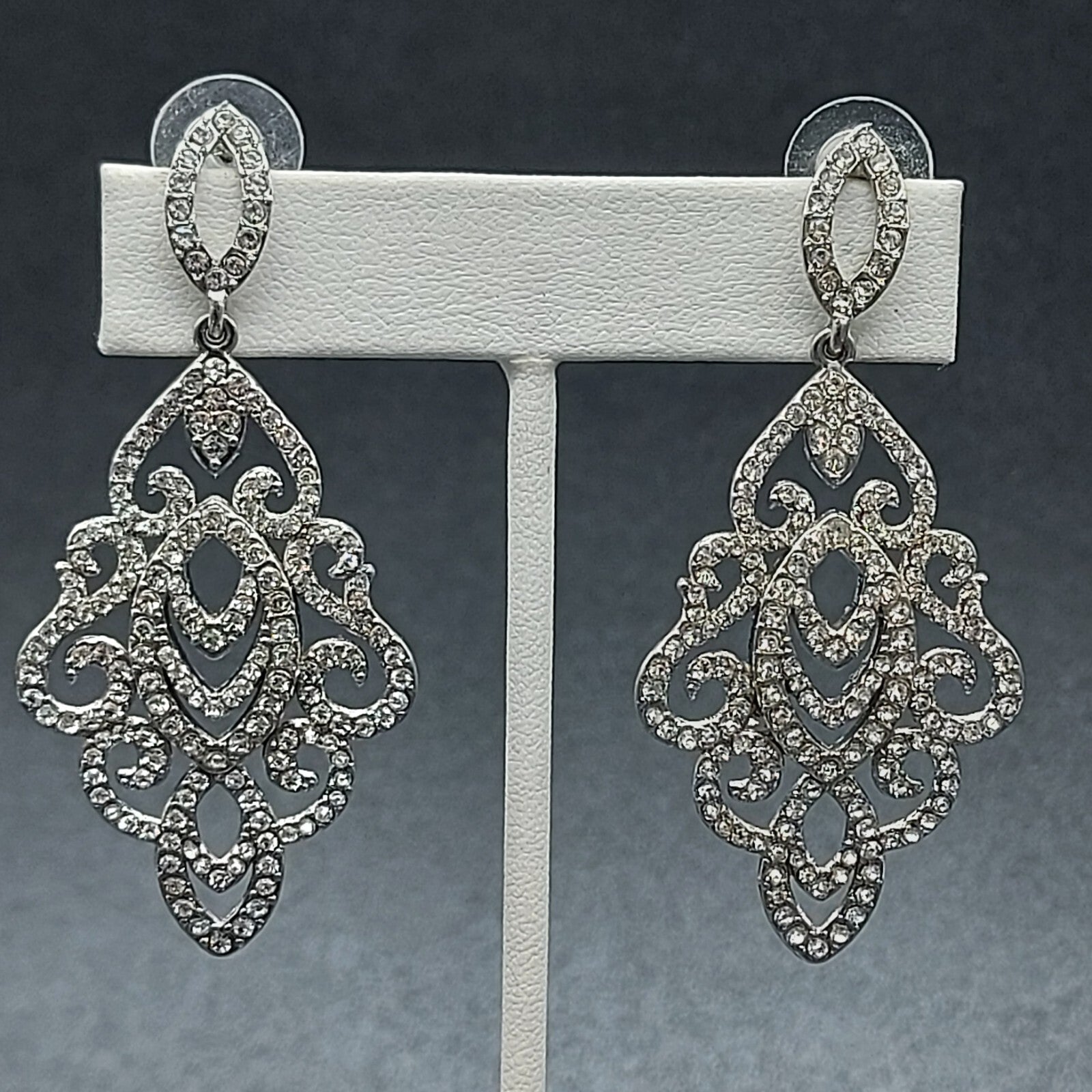 Pierced Earrings Silver tone Dangle Teardrop Crystal 2.5" Wedding Prom Statement