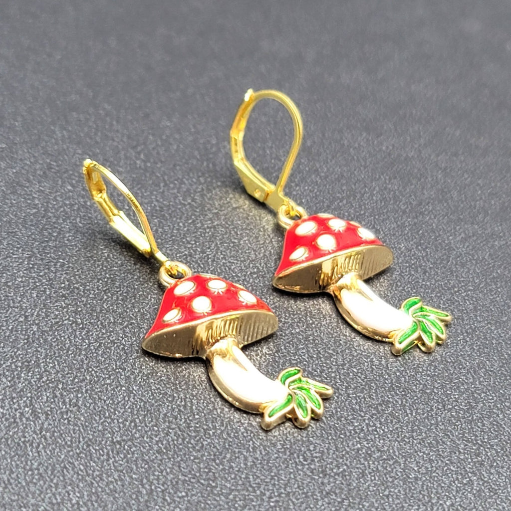 Mushroom Pierced Earrings Gold tone Enamel Red White Polka Dot Dangle 1"