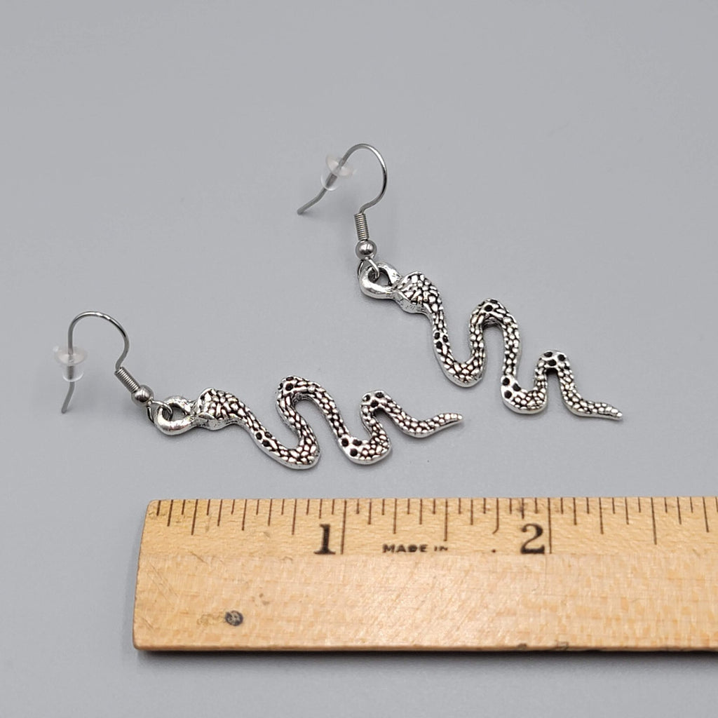 Snake Pierced Earrings Silver tone Embossed Dangle 1.5"