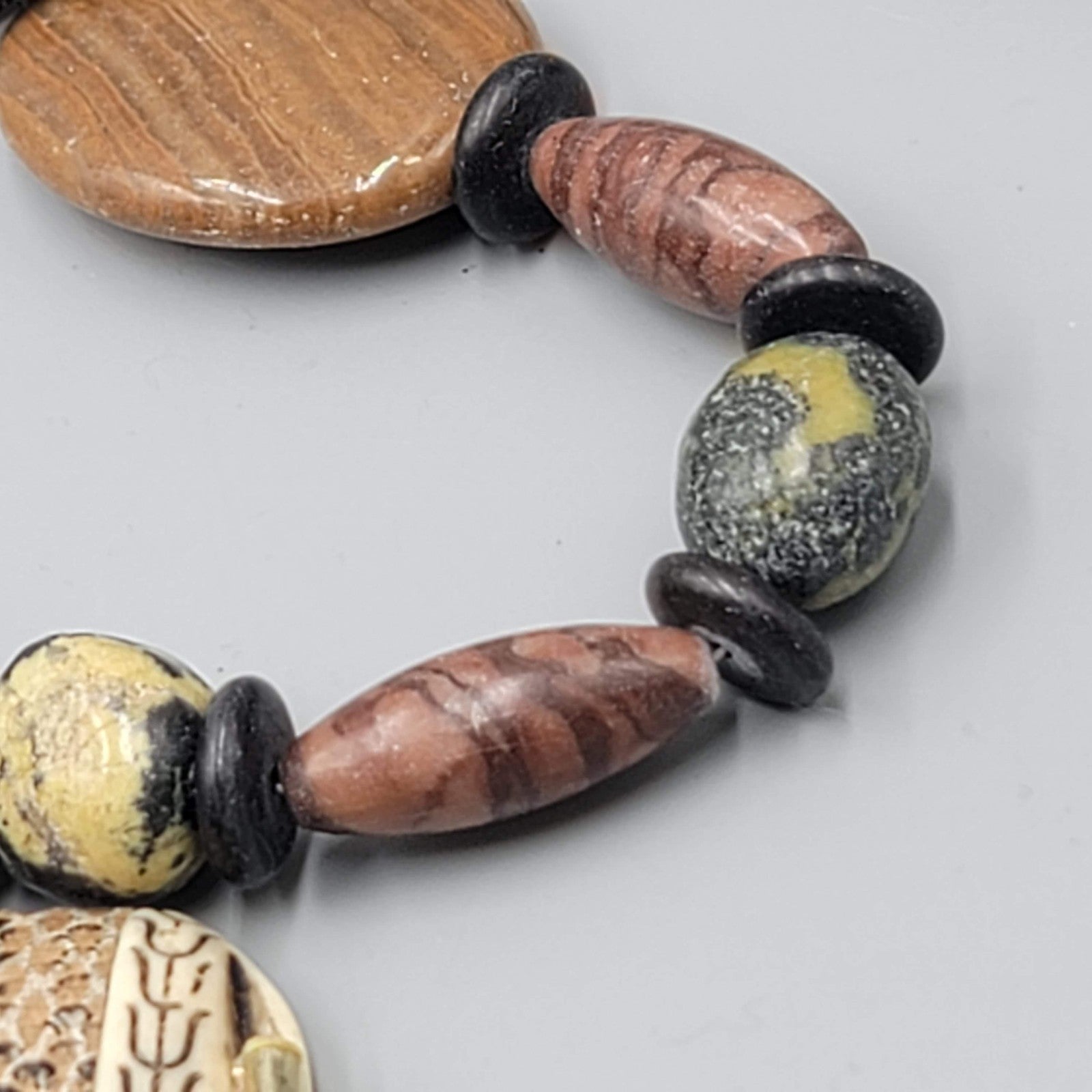 Elephant Pendant Necklace Mixed Stone Beads Toggle Clasp 24 in African Motif