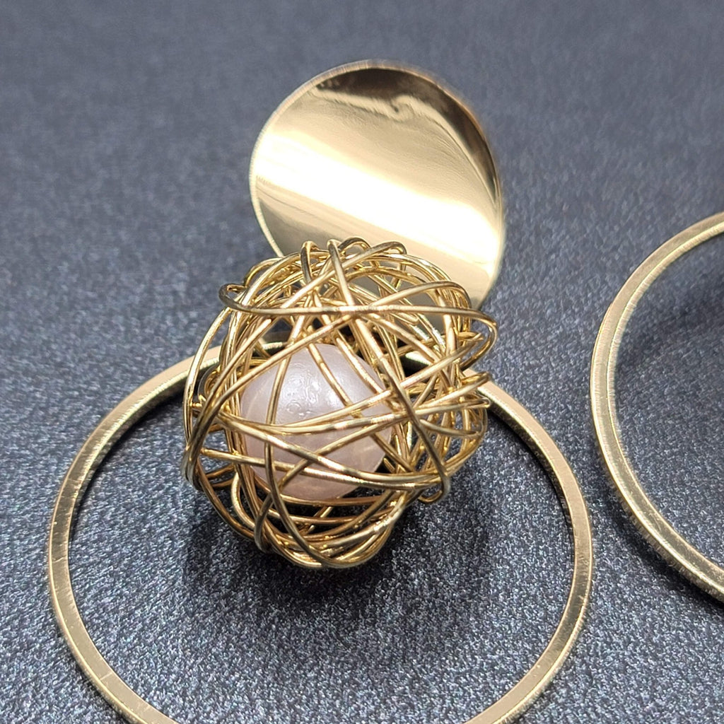 Pierced Earrings Gold tone Large Statement Wire Wrapped White Bead 2.25"