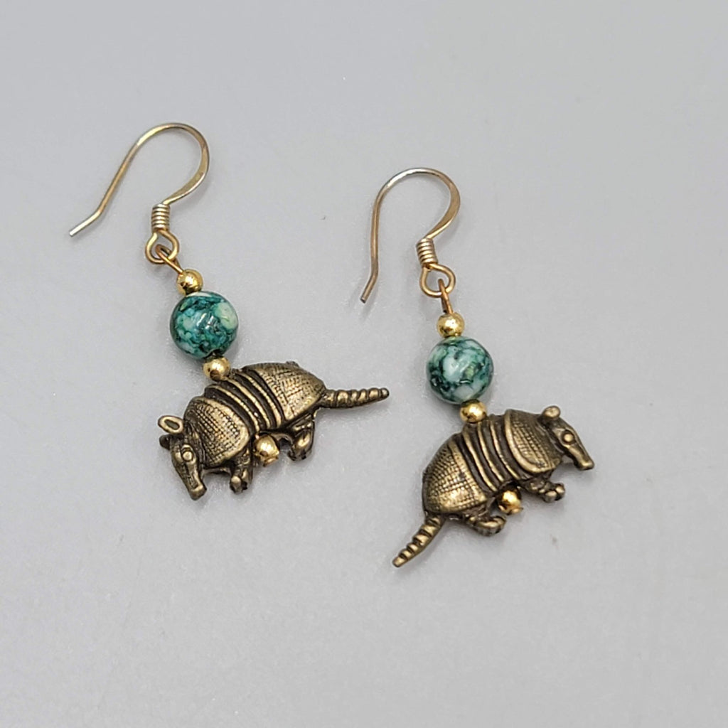 Armadillo Bead Pierced Earrings Bronze tone Dangle 7/8"