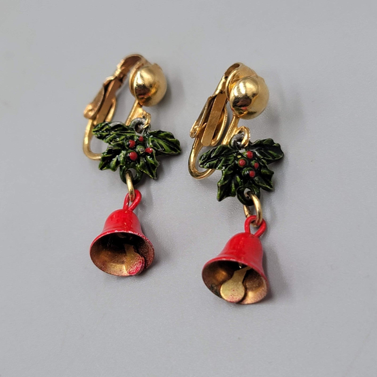 Vintage Christmas Clip on Earrings Gold tone Dangle Holly Jingle Bells 1.25 in