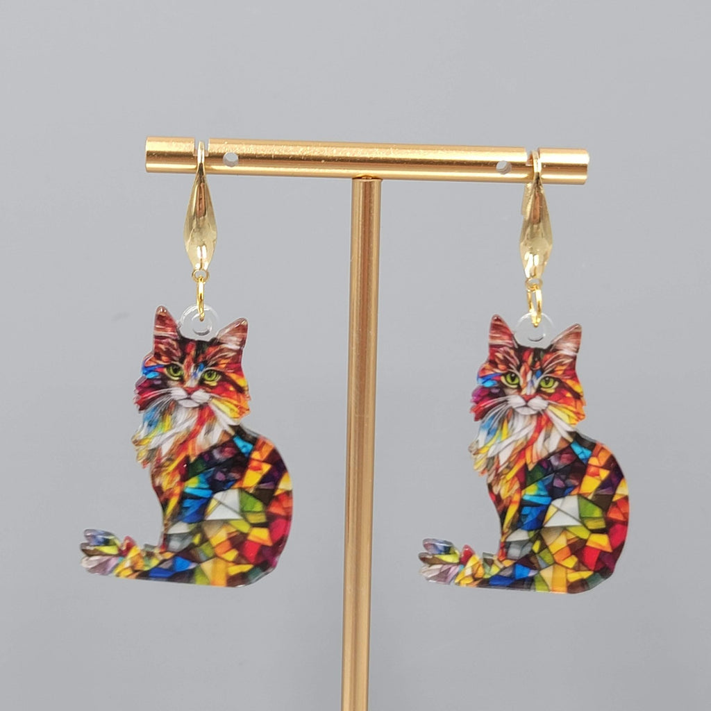 Mosiac Kitty Cat Pierced Earrings Multicolor  Acrylic Dangle Gold tone Hook 1.5"