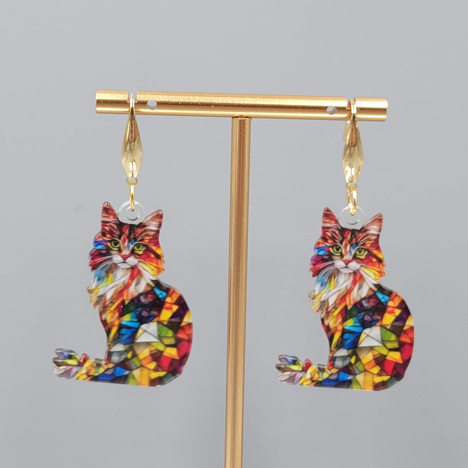 Mosiac Kitty Cat Pierced Earrings Multicolor  Acrylic Dangle Gold tone Hook 1.5"
