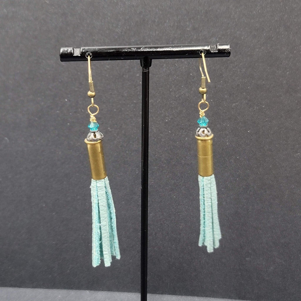 Pierced Earrings Bronze tone Blue Bead Tassel Dangle Boho 2.25"
