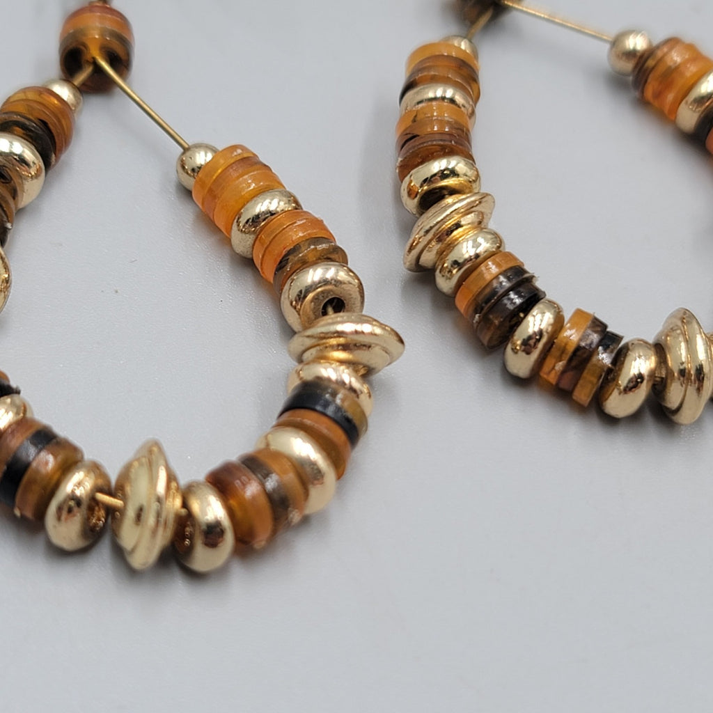 Beaded Teardrop Hoops Pierced Earrings Gold tone Dangle 2"