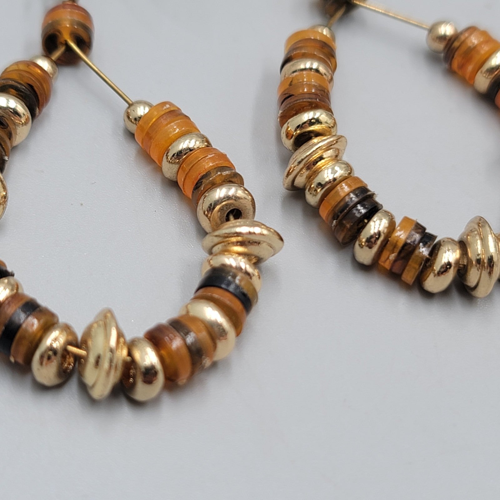 Beaded Teardrop Hoops Pierced Earrings Gold tone Dangle 2"