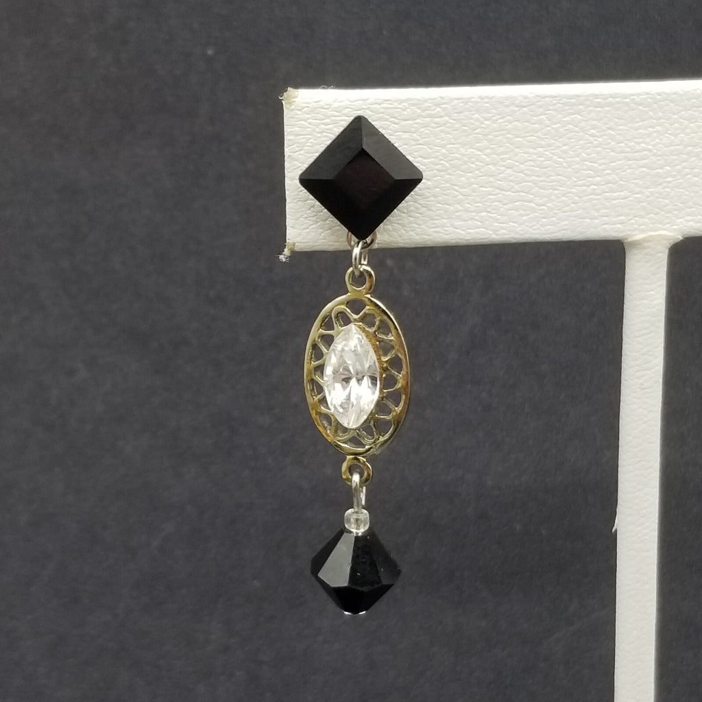 Pierced Earrings Silver tone Open Work Black Clear Faceted Crystal Dangle 1 3/4"