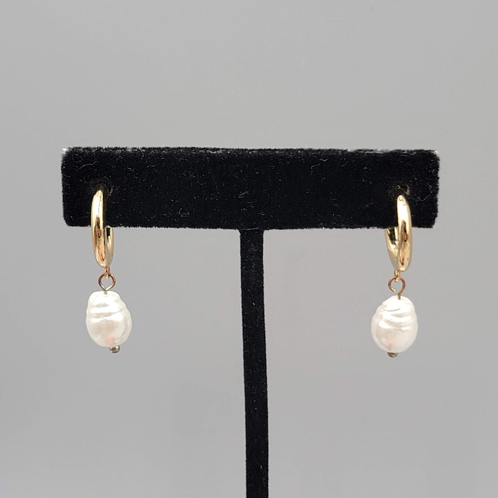 Hoop Pierced Earrings Gold tone White Bead Dangle 1.25 in