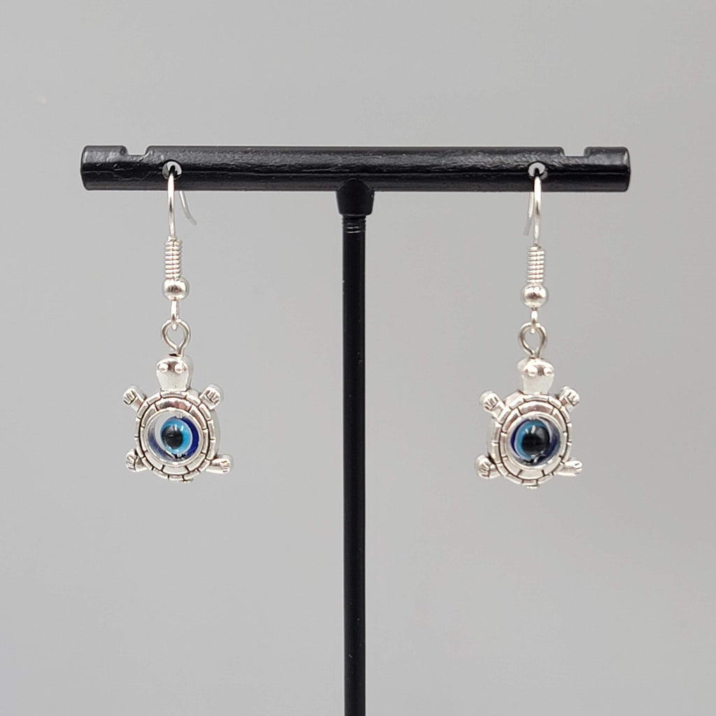 Turtle Evil Eye Pierced Earrings Silver tone Blue Bead Dangle 3/4"