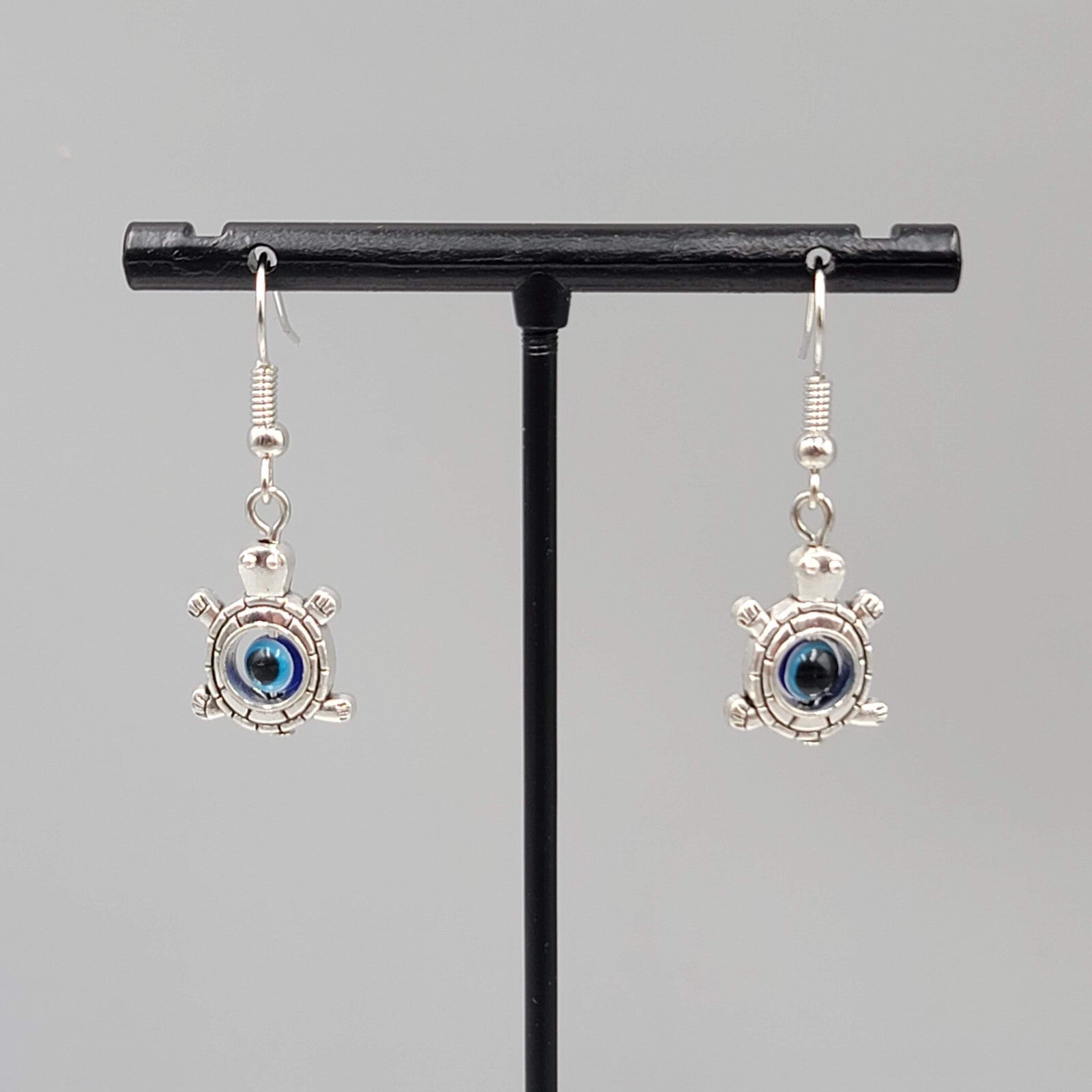 Turtle Evil Eye Pierced Earrings Silver tone Blue Bead Dangle 3/4"