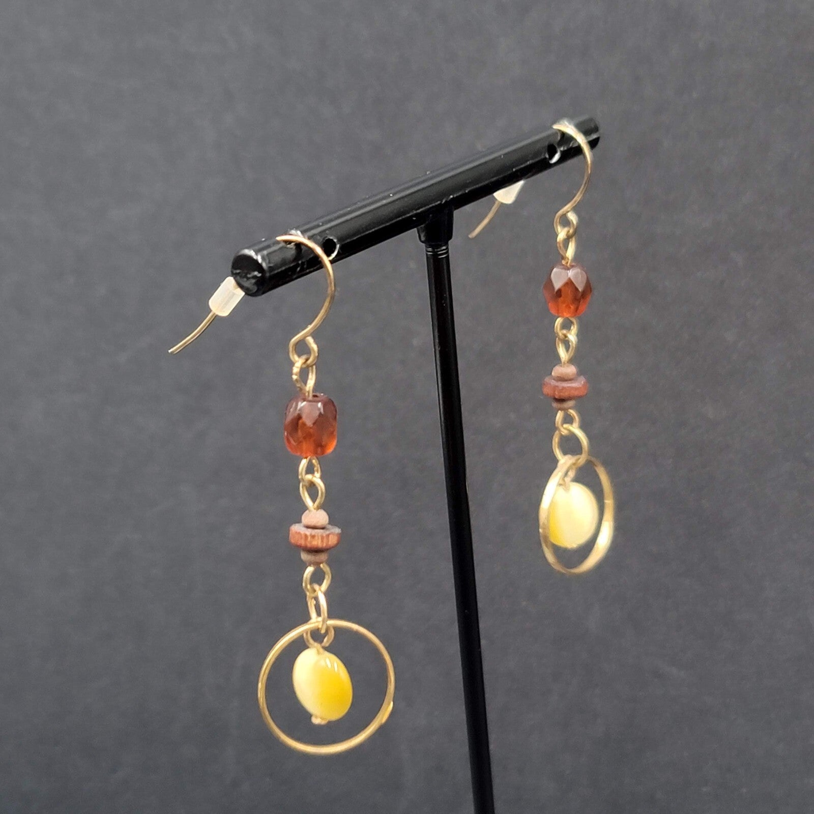 Pierced Earrings Gold tone Beaded Wood Dangle 1.75"