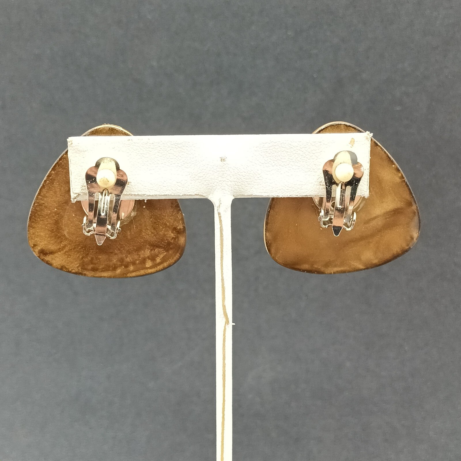 Vintage Clip on Earrings Gold tone Dark Blue Acrylic Soft Triangle Drop 1 3/8"