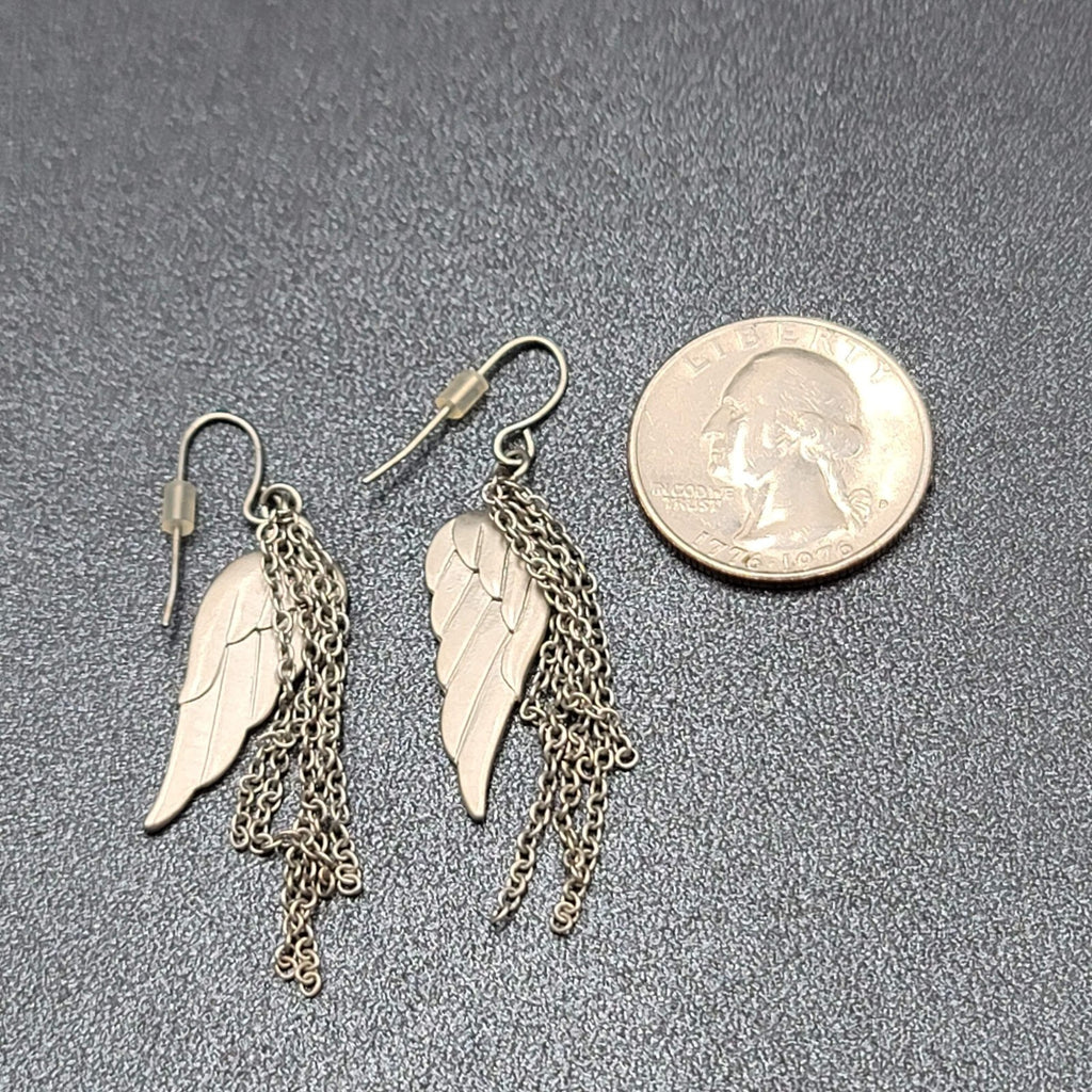 Pierced Earrings Matte Silver tone Angel Wings Dangle Chains 1.75"