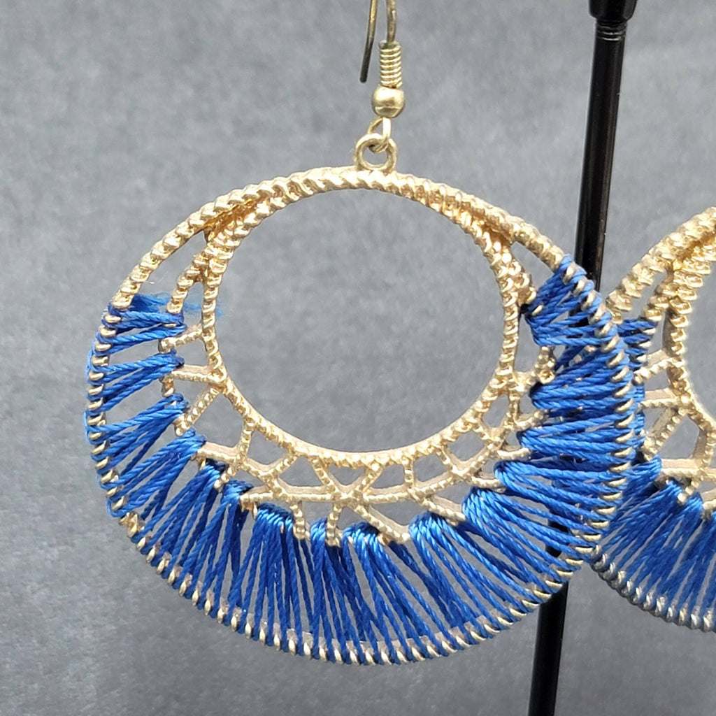 Pierced Earrings Gold tone Royal Blue String Art Dangle Hoops 1 7/8"